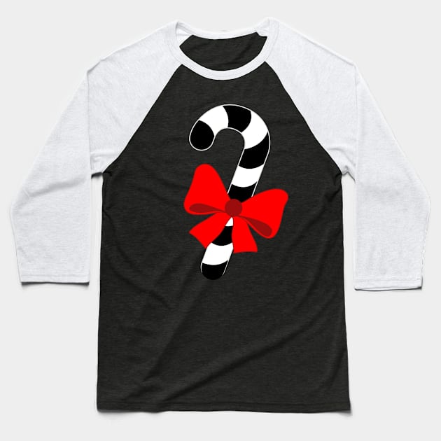 LARGE BLACK AND WHITE CHRISTMAS CANDY CAN WITH RED BOW DESIGN Baseball T-Shirt by iskybibblle